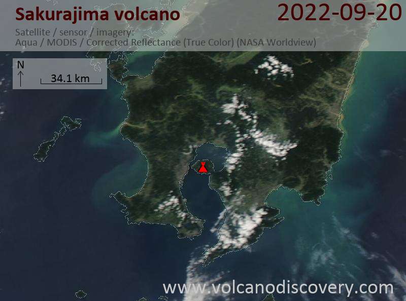 Satellite image of Sakurajima volcano on 20 Sep 2022