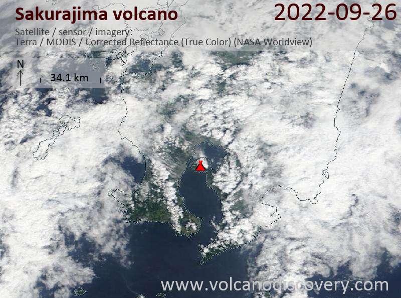 Satellite image of Sakurajima volcano on 26 Sep 2022