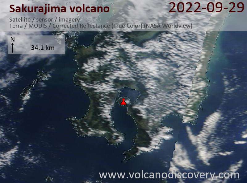 Satellite image of Sakurajima volcano on 29 Sep 2022