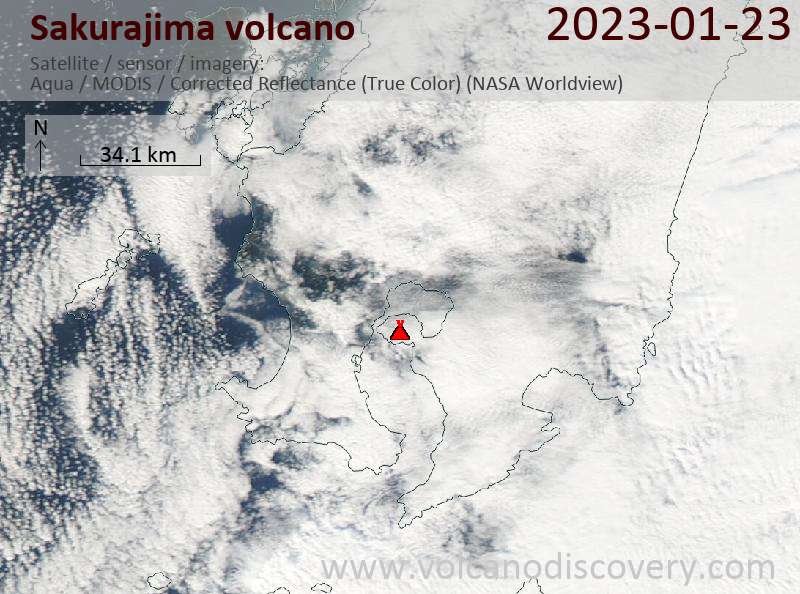 Satellite image of Sakurajima volcano on 24 Jan 2023