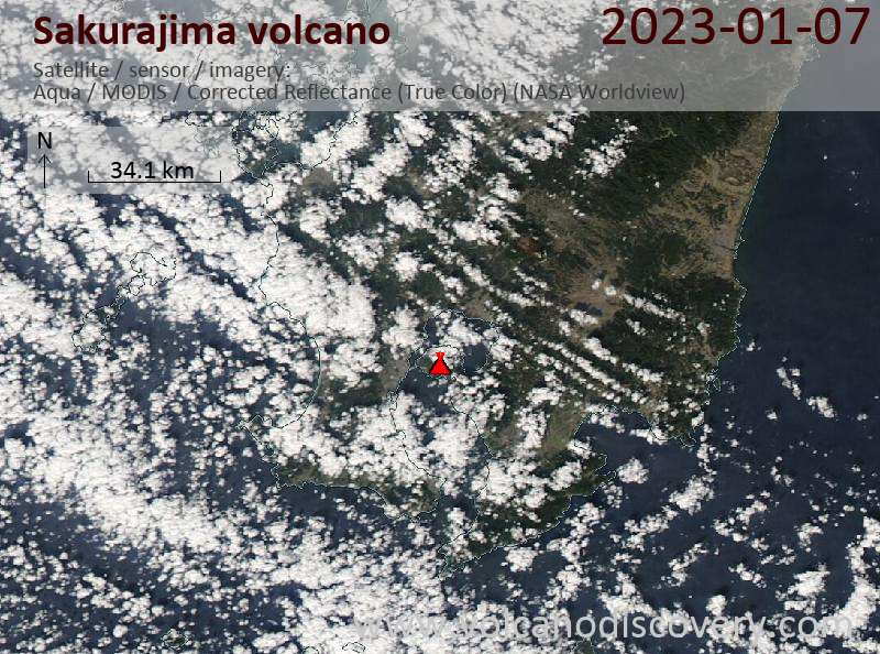 Satellite image of Sakurajima volcano on  7 Jan 2023