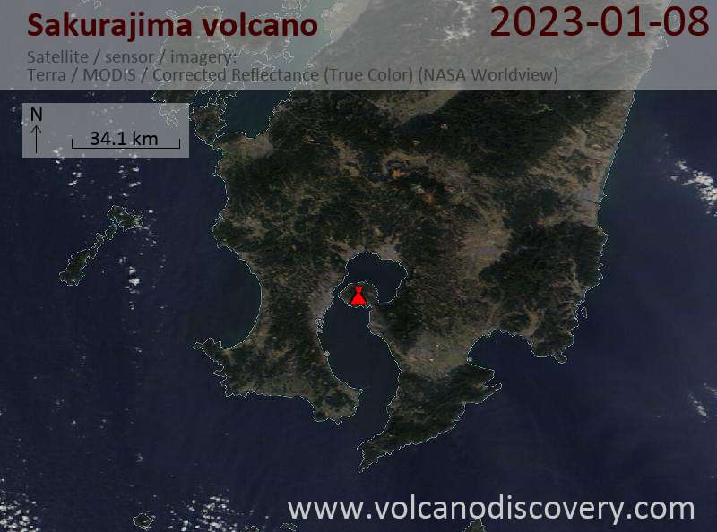 Satellite image of Sakurajima volcano on  8 Jan 2023