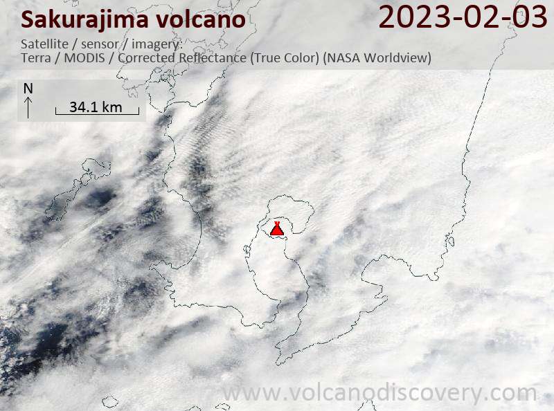 Спутниковое изображение вулкана Sakurajima  3 Feb 2023