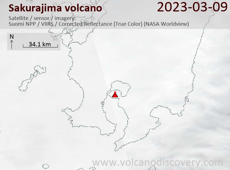 Satellitenbild des Sakurajima Vulkans am 10 Mar 2023