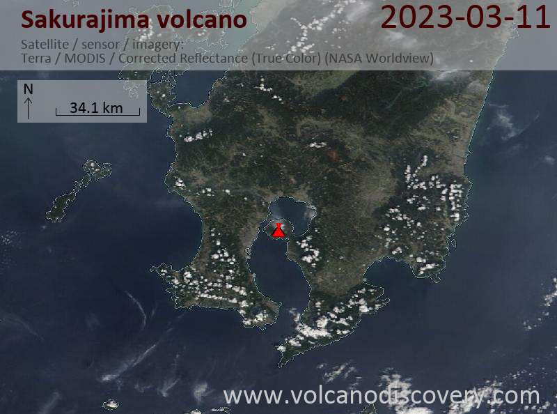 Satellitenbild des Sakurajima Vulkans am 11 Mar 2023