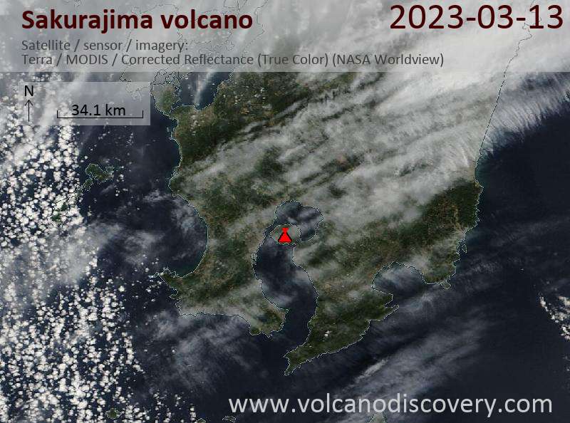 Satellitenbild des Sakurajima Vulkans am 13 Mar 2023