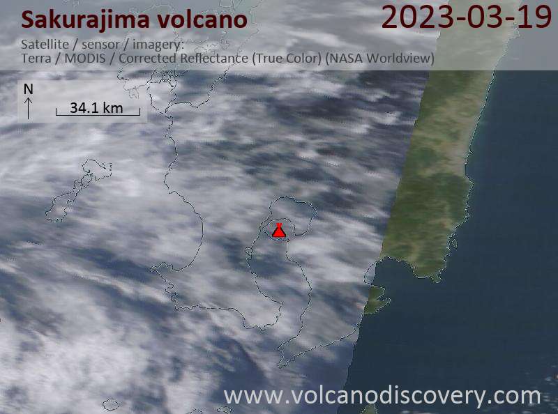 Satellitenbild des Sakurajima Vulkans am 19 Mar 2023