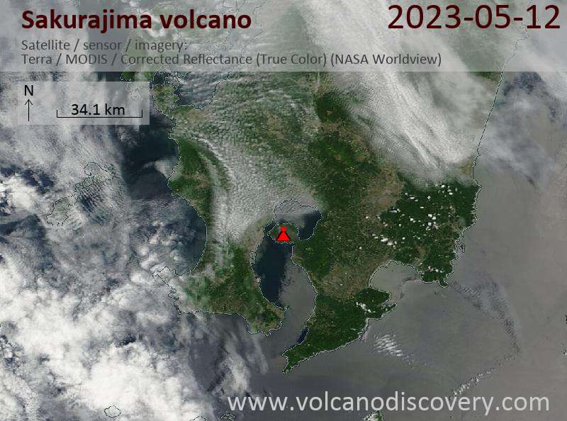 Satellite image of Sakurajima volcano on 12 May 2023
