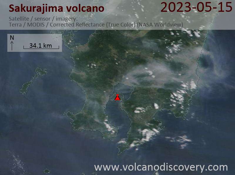 Satellite image of Sakurajima volcano on 15 May 2023