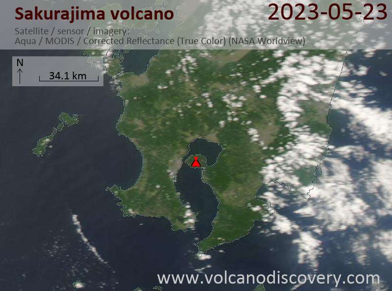 Satellite image of Sakurajima volcano on 23 May 2023