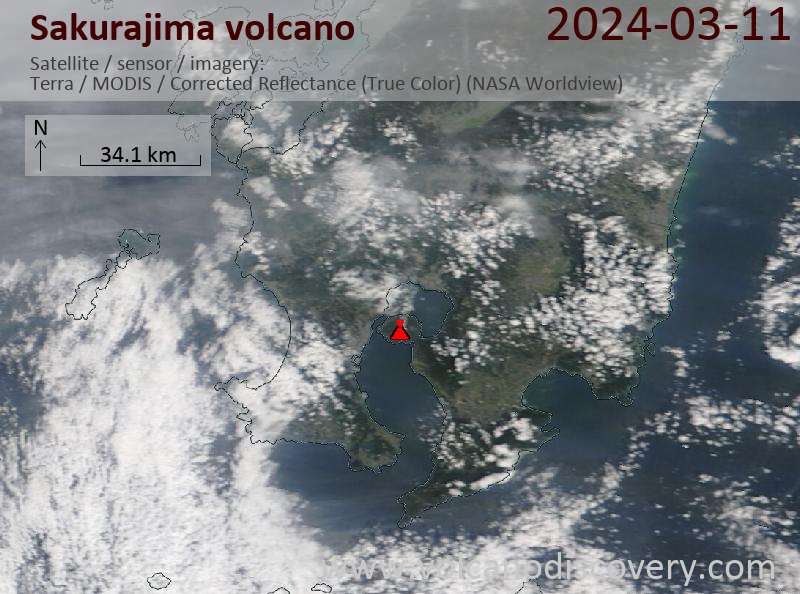 Satellite image of Sakurajima volcano on 11 Mar 2024