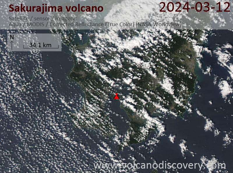 Satellite image of Sakurajima volcano on 12 Mar 2024