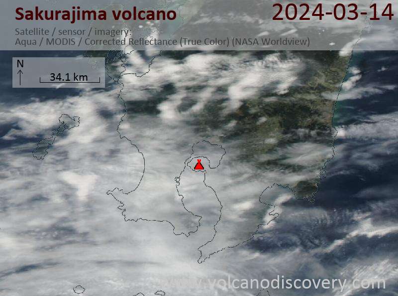 Satellite image of Sakurajima volcano on 14 Mar 2024