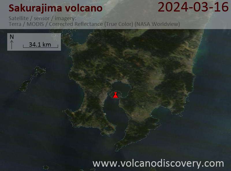 Satellite image of Sakurajima volcano on 16 Mar 2024