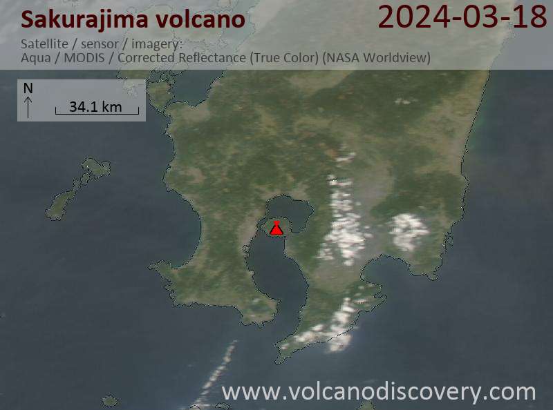 Imagen satelital del volcán Sakurajima el 18 de marzo de 2024