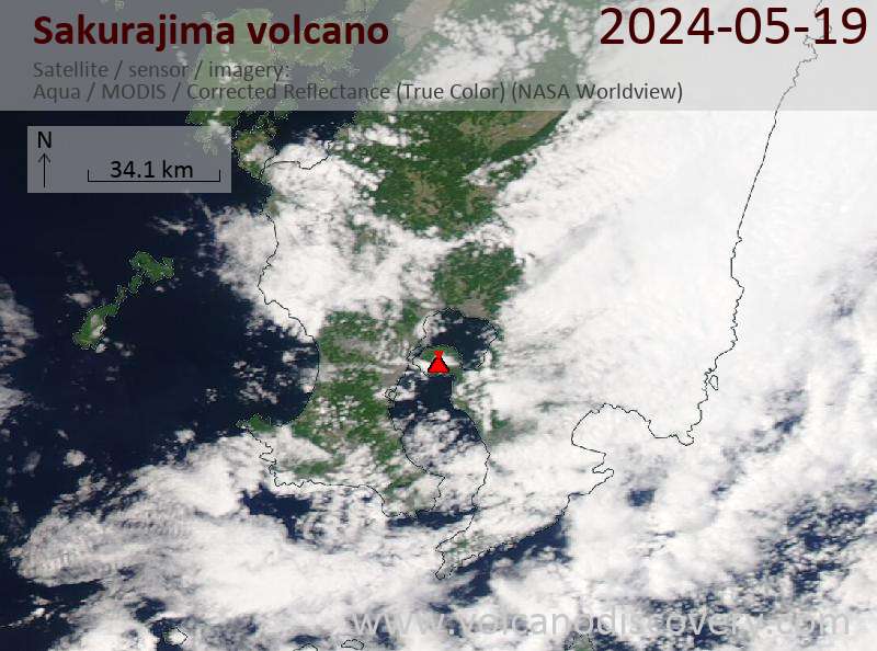 Satellitenbild des Sakurajima Vulkans am 19 May 2024