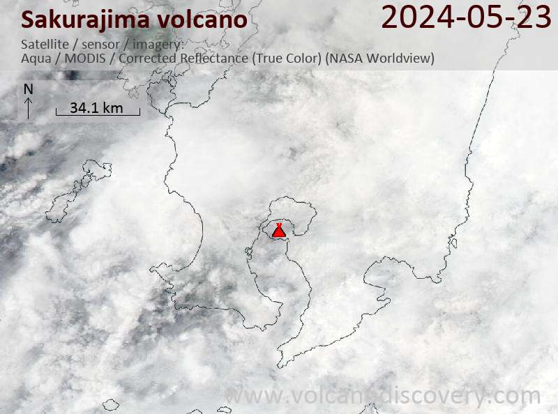 Satellite image of Sakurajima volcano on 23 May 2024