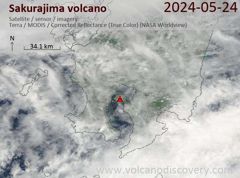 Satellitenbild des Sakurajima Vulkans am 24 May 2024