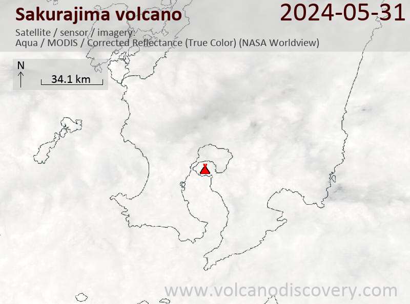 Satellite image of Sakurajima volcano on 31 May 2024