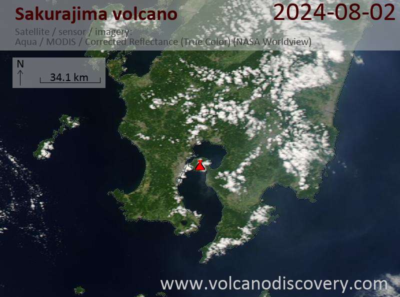 Satellite image of Sakurajima volcano on  2 Aug 2024