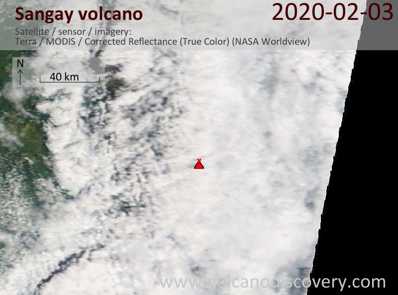 Satellite image of Sangay volcano on  3 Feb 2020