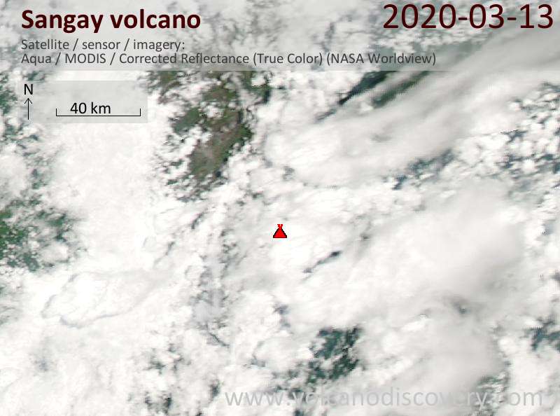 Satellitenbild des Sangay Vulkans am 14 Mar 2020