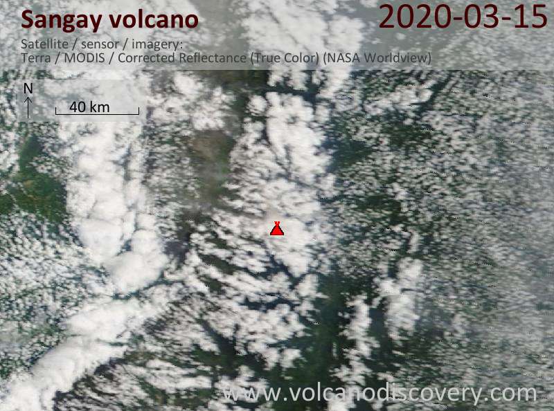 Satellitenbild des Sangay Vulkans am 15 Mar 2020