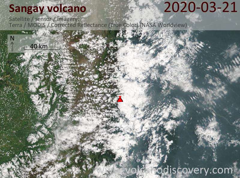Satellitenbild des Sangay Vulkans am 21 Mar 2020