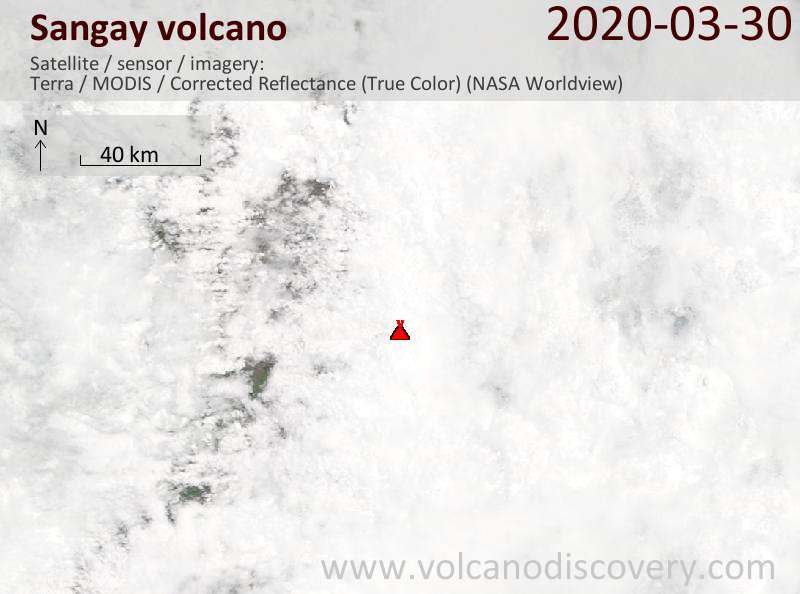 Спутниковое изображение вулкана Sangay 30 Mar 2020