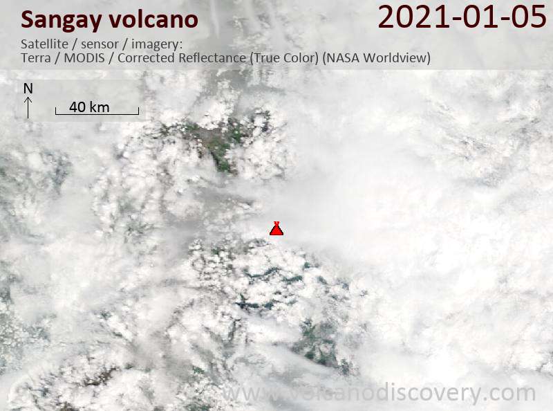 Satellite image of Sangay volcano on  5 Jan 2021