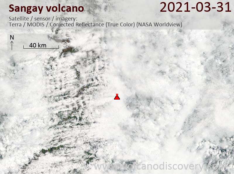 Satellitenbild des Sangay Vulkans am 31 Mar 2021