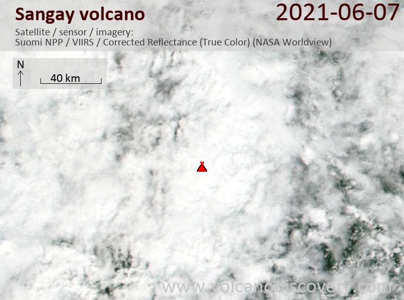 Satellite image of Sangay volcano on  8 Jun 2021