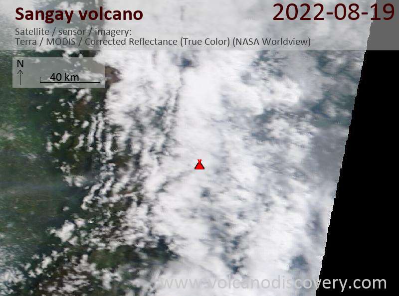 Satellite image of Sangay volcano on 19 Aug 2022