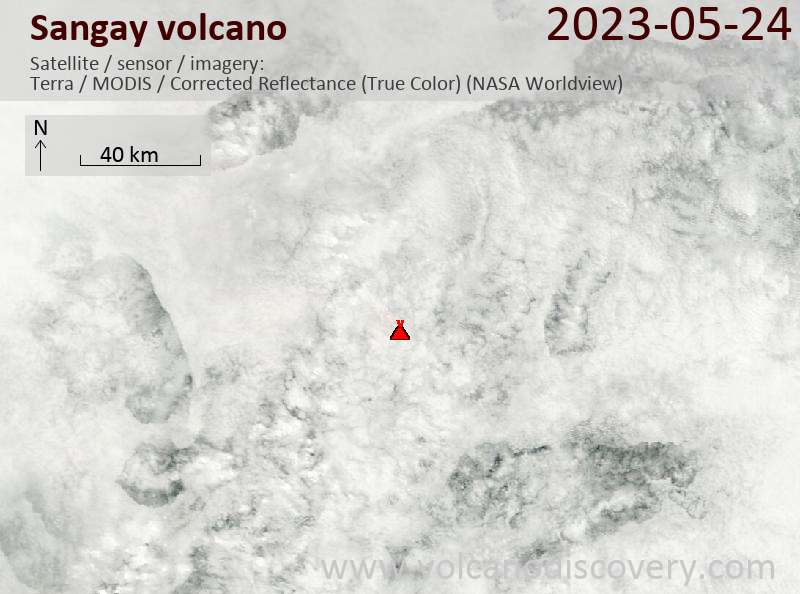 Satellite image of Sangay volcano on 24 May 2023