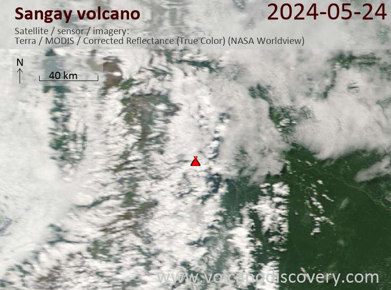 Satellite image of Sangay volcano on 24 May 2024