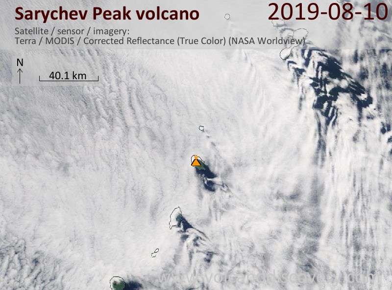 Satellitenbild des Sarychev Peak Vulkans am 10 Aug 2019