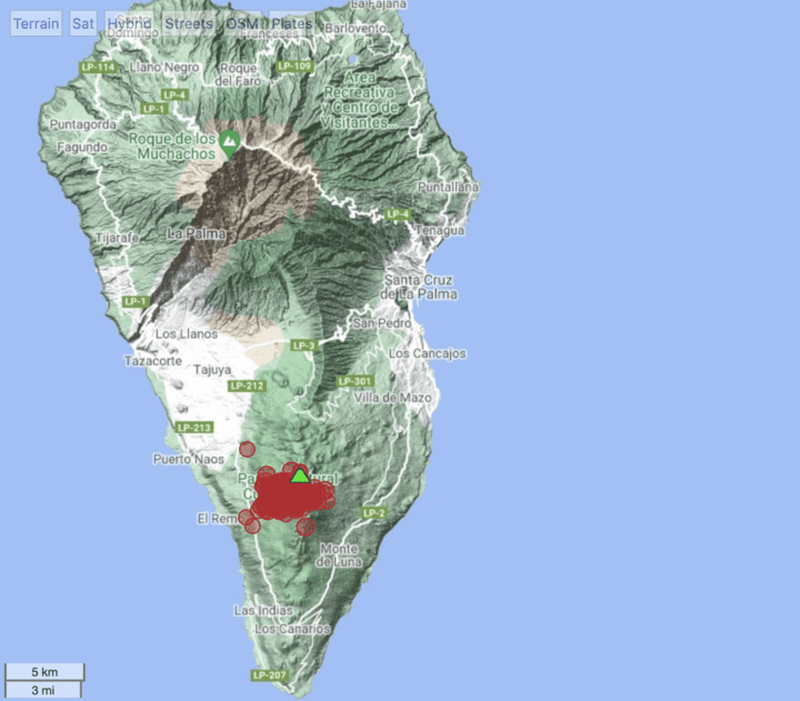 Locations of recent quakes under La Cumbre Vieja volcano (Canary Islands)