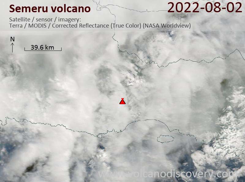 Satellite image of Semeru volcano on  2 Aug 2022