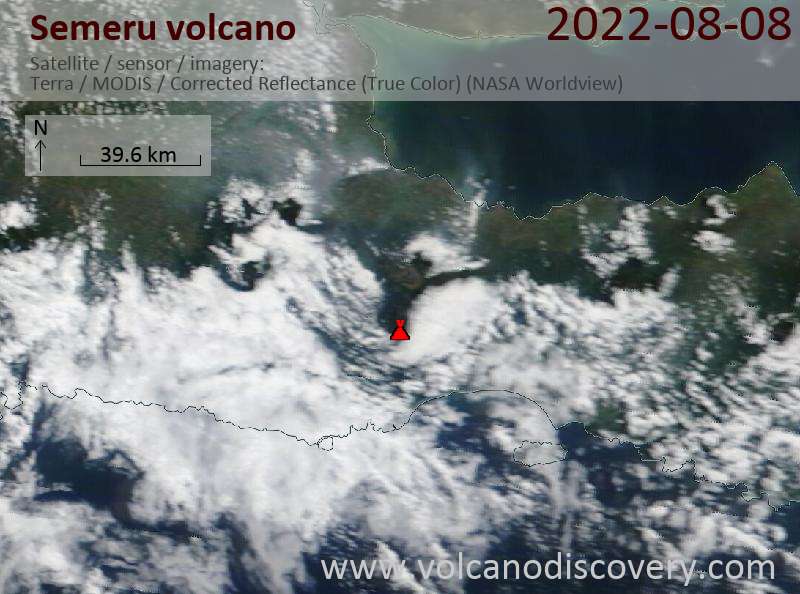 Satellite image of Semeru volcano on  8 Aug 2022