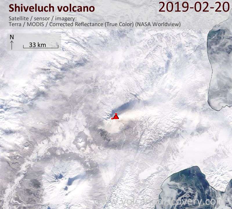 Satellite image of Shiveluch volcano on 20 Feb 2019