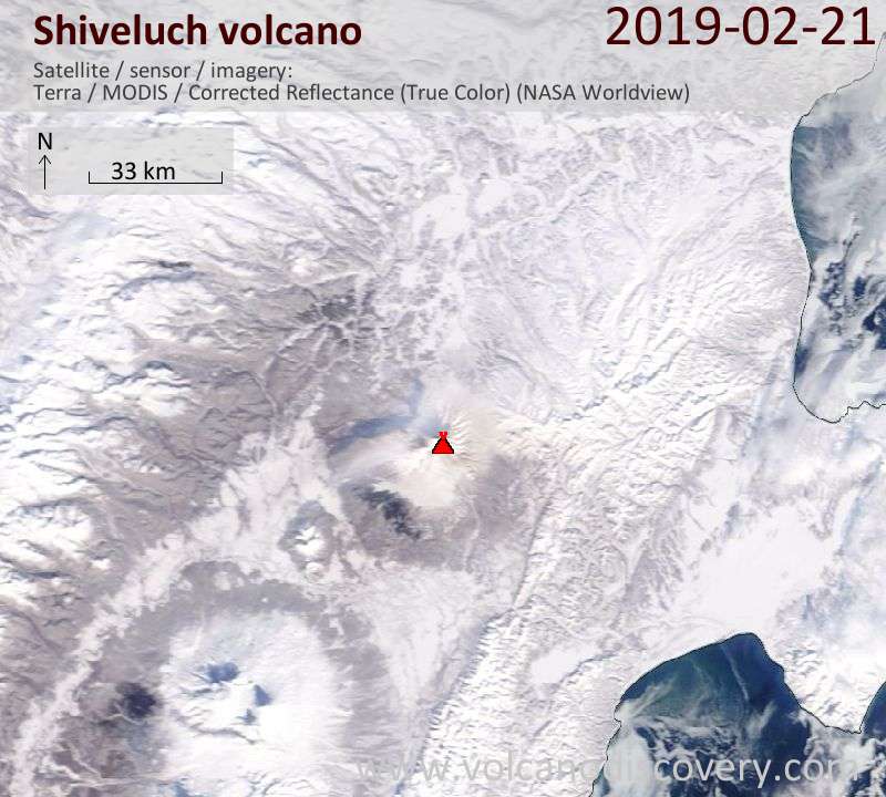 Satellite image of Shiveluch volcano on 21 Feb 2019