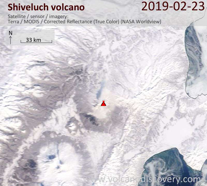 Satellite image of Shiveluch volcano on 23 Feb 2019