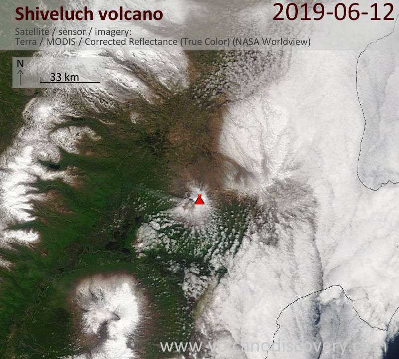 Satellite image of Shiveluch volcano on 12 Jun 2019