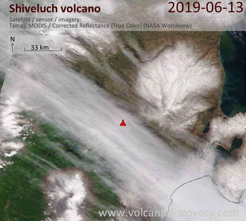 Satellite image of Shiveluch volcano on 13 Jun 2019