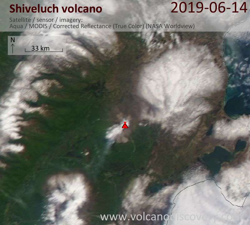 Satellite image of Shiveluch volcano on 14 Jun 2019
