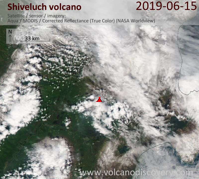 Satellite image of Shiveluch volcano on 15 Jun 2019