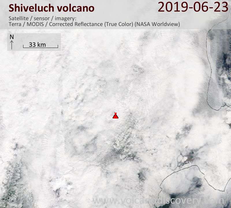Satellite image of Shiveluch volcano on 23 Jun 2019