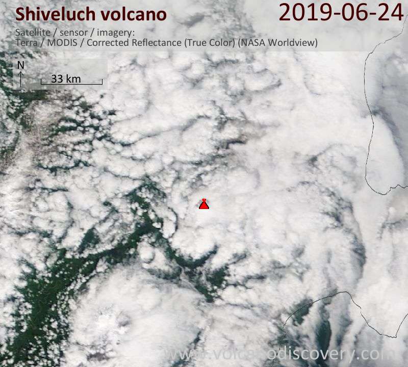 Satellite image of Shiveluch volcano on 24 Jun 2019