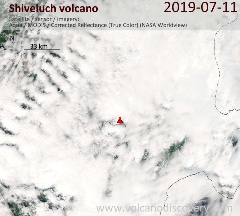 Satellite image of Shiveluch volcano on 11 Jul 2019