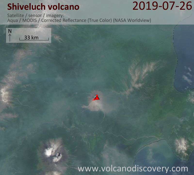 Satellite image of Shiveluch volcano on 26 Jul 2019